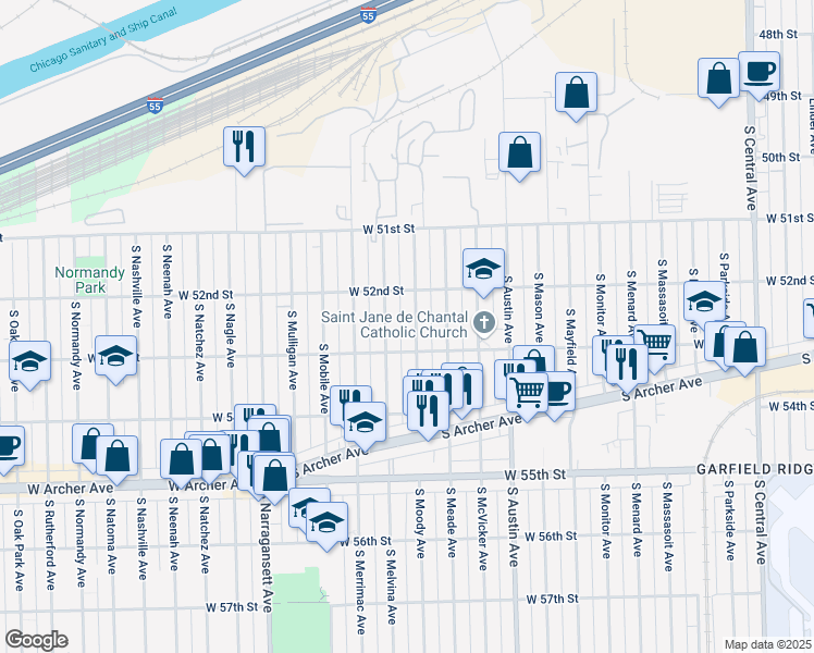 map of restaurants, bars, coffee shops, grocery stores, and more near 5213 South Moody Avenue in Chicago