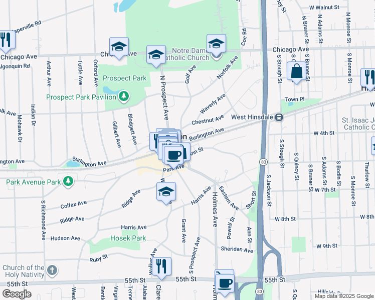 map of restaurants, bars, coffee shops, grocery stores, and more near 1 S Prospect Ave in Clarendon Hills