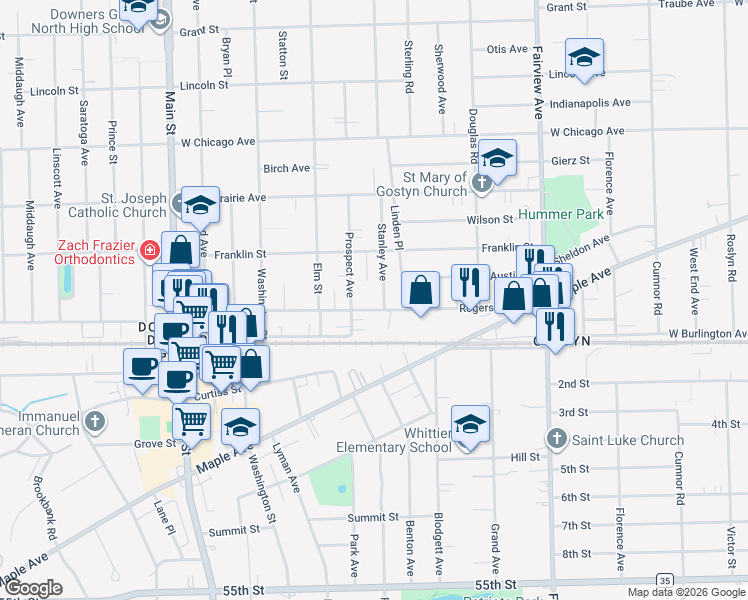 map of restaurants, bars, coffee shops, grocery stores, and more near 4920 Stanley Avenue in Downers Grove