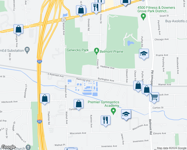 map of restaurants, bars, coffee shops, grocery stores, and more near 2618 Burlington Avenue in Downers Grove