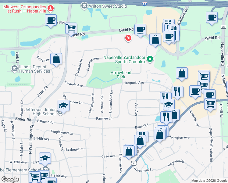 map of restaurants, bars, coffee shops, grocery stores, and more near 1580 Shenandoah Lane in Naperville
