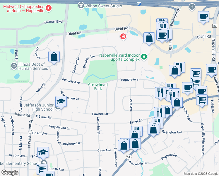 map of restaurants, bars, coffee shops, grocery stores, and more near 1580 Shenandoah Lane in Naperville
