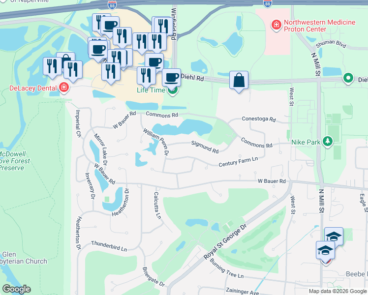 map of restaurants, bars, coffee shops, grocery stores, and more near 787 Sigmund Road in Naperville
