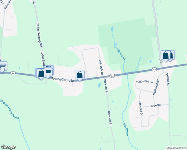 map of restaurants, bars, coffee shops, grocery stores, and more near 2582 Boston Turnpike in Coventry