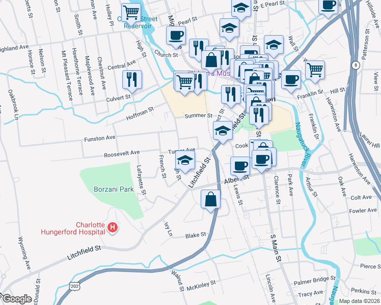 map of restaurants, bars, coffee shops, grocery stores, and more near 75 Turner Avenue in Torrington