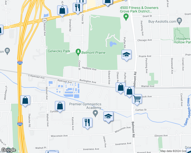 map of restaurants, bars, coffee shops, grocery stores, and more near 4939 Rose Avenue in Downers Grove
