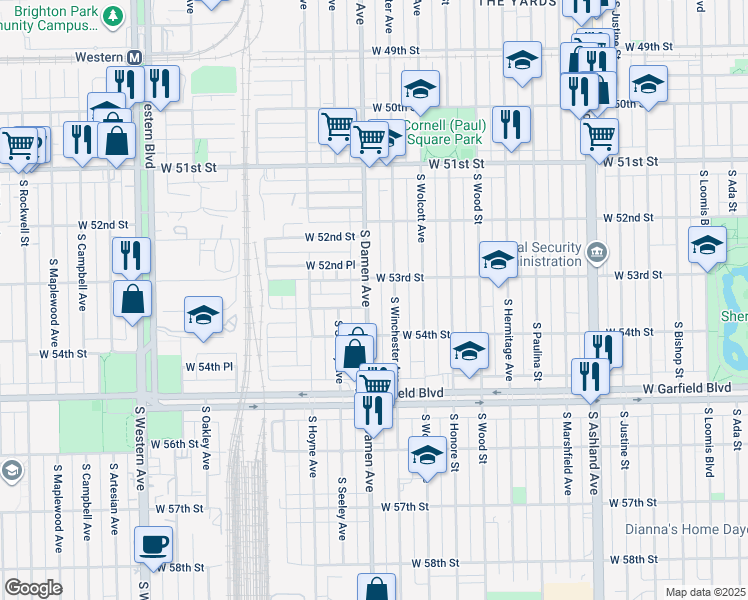 map of restaurants, bars, coffee shops, grocery stores, and more near 5321 South Damen Avenue in Chicago