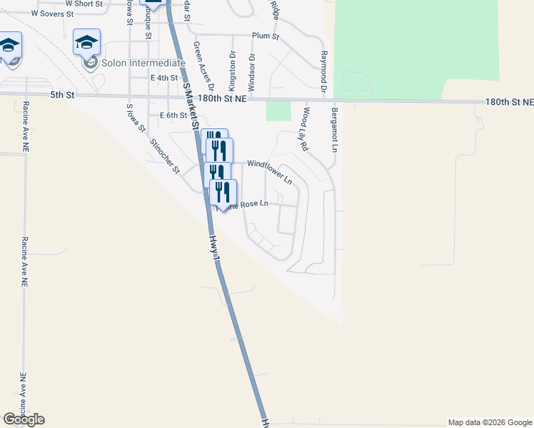 map of restaurants, bars, coffee shops, grocery stores, and more near 206 Prairie Rose Lane in Solon