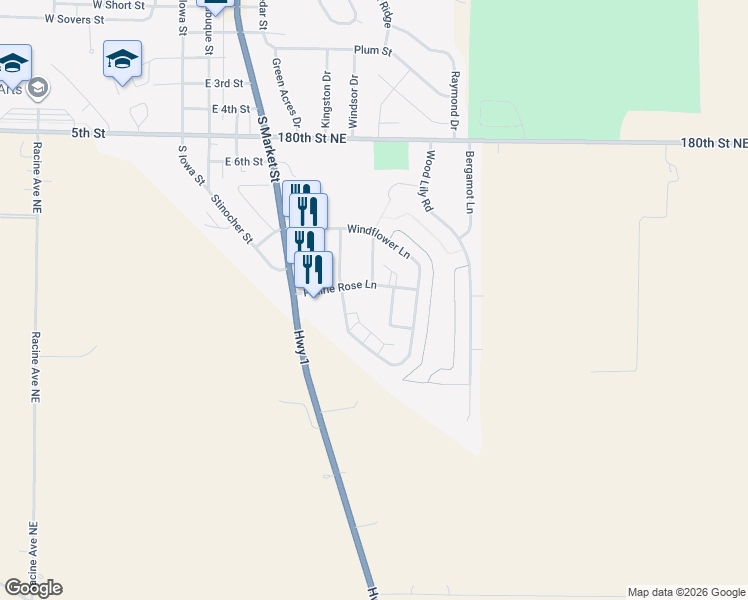 map of restaurants, bars, coffee shops, grocery stores, and more near 203 Prairie Rose Lane in Solon