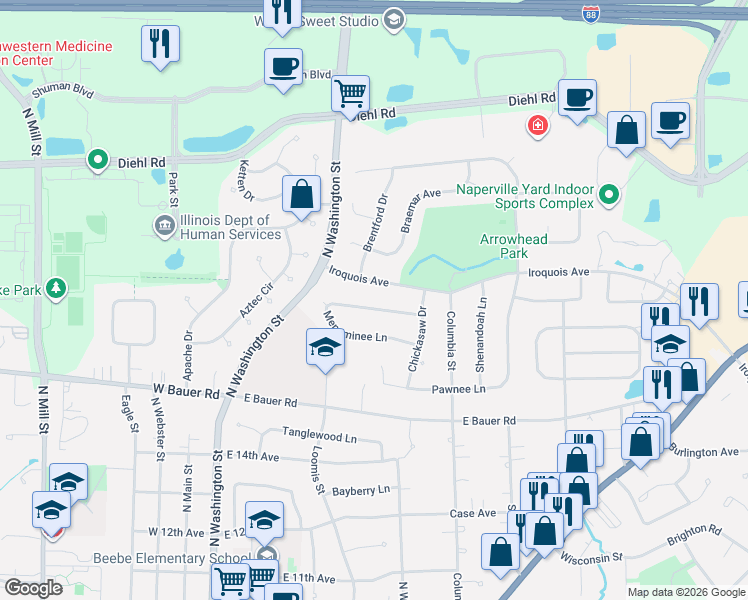 map of restaurants, bars, coffee shops, grocery stores, and more near 516 Iroquois Avenue in Naperville