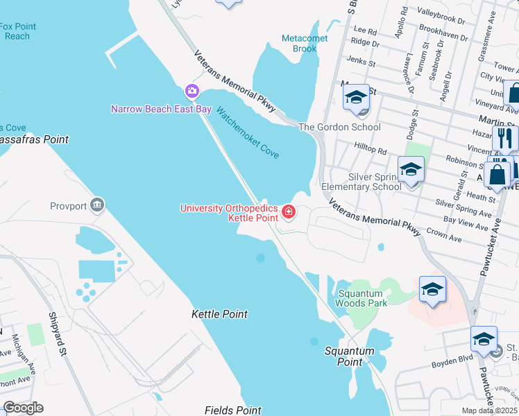 map of restaurants, bars, coffee shops, grocery stores, and more near East Bay Bicycle Path in RIVERSIDE