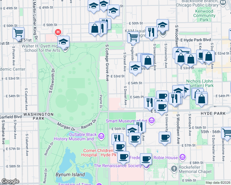 map of restaurants, bars, coffee shops, grocery stores, and more near 5358 South Maryland Avenue in Chicago