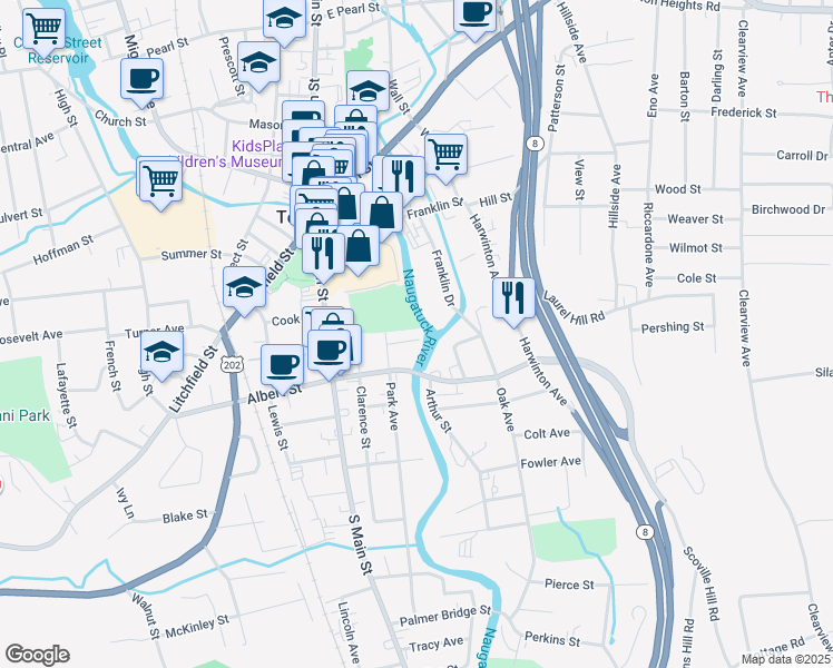 map of restaurants, bars, coffee shops, grocery stores, and more near 29 Lipton Place in Torrington