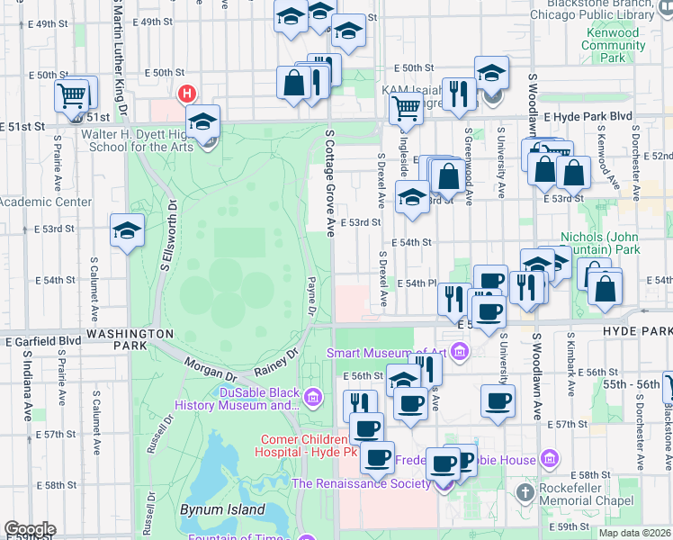 map of restaurants, bars, coffee shops, grocery stores, and more near 5361 South Cottage Grove Avenue in Chicago