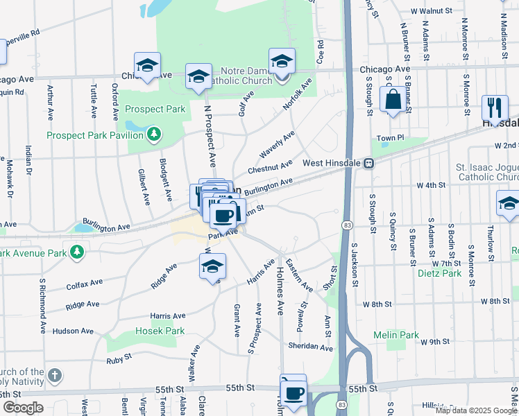 map of restaurants, bars, coffee shops, grocery stores, and more near 1 S Prospect Ave in Clarendon Hills