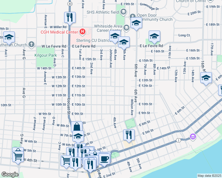 map of restaurants, bars, coffee shops, grocery stores, and more near 1201 4th Avenue in Sterling
