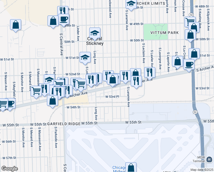 map of restaurants, bars, coffee shops, grocery stores, and more near 5225 South Lorel Avenue in Chicago