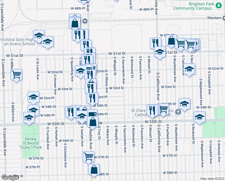 map of restaurants, bars, coffee shops, grocery stores, and more near 5254 South Whipple Street in Chicago
