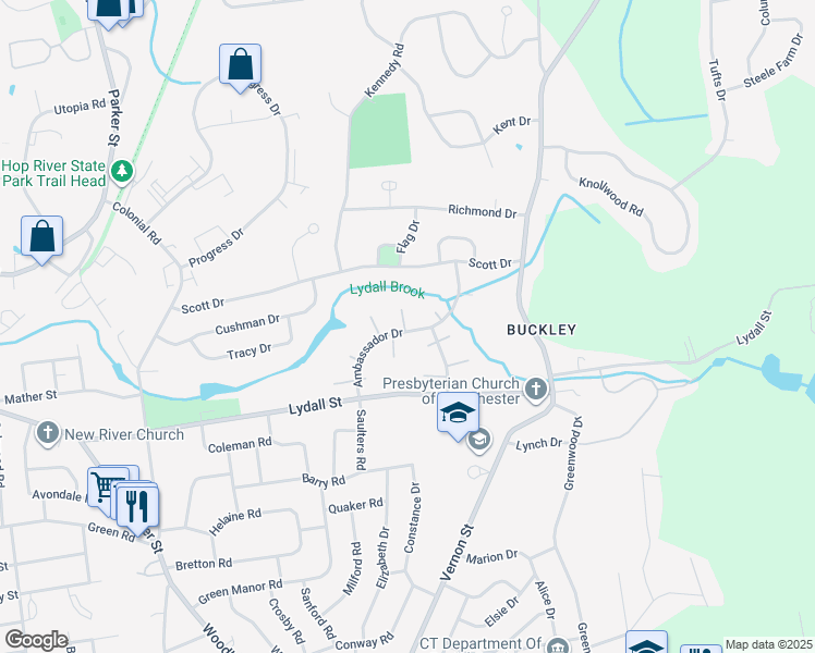 map of restaurants, bars, coffee shops, grocery stores, and more near 80 Ambassador Drive in Manchester