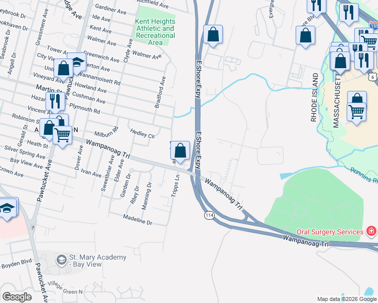 map of restaurants, bars, coffee shops, grocery stores, and more near 300 East Shore Circle in East Providence