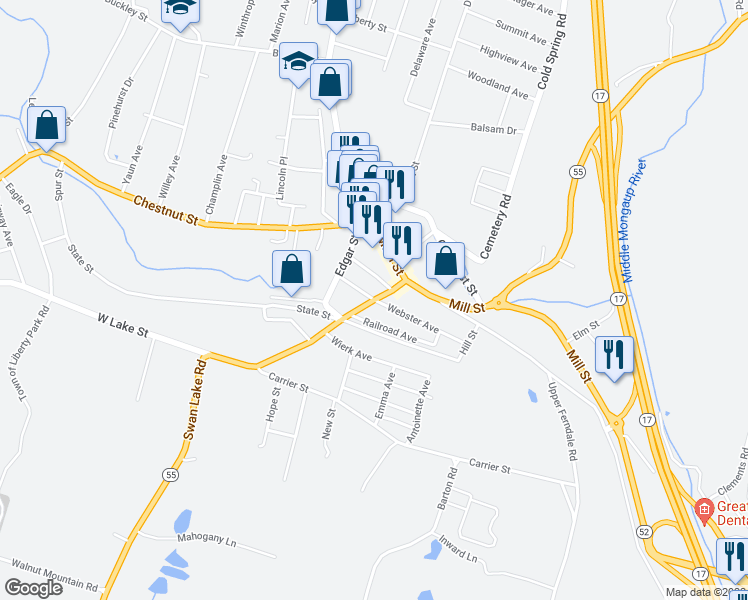 map of restaurants, bars, coffee shops, grocery stores, and more near Lake St & Webster Ave in Liberty