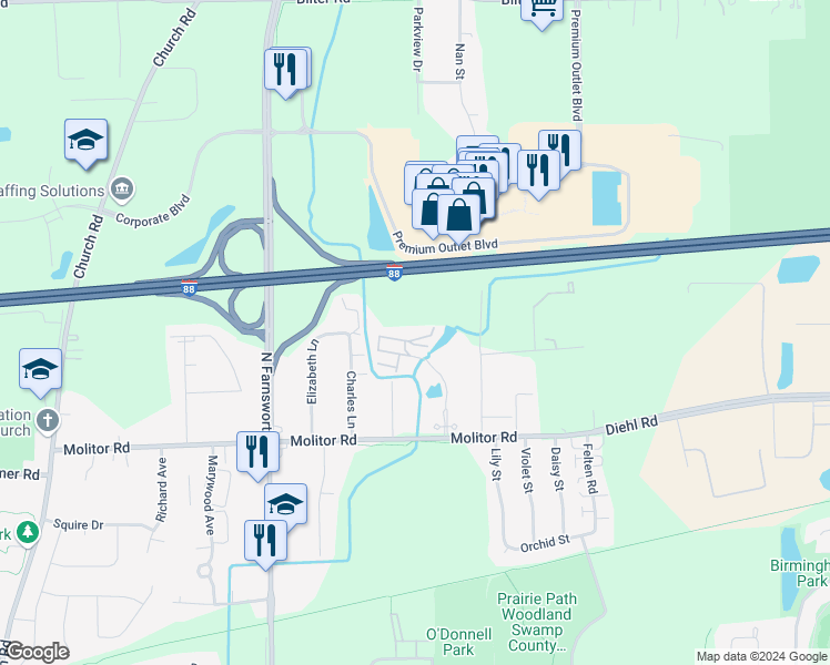 map of restaurants, bars, coffee shops, grocery stores, and more near 2001 Tall Oaks Drive in Aurora