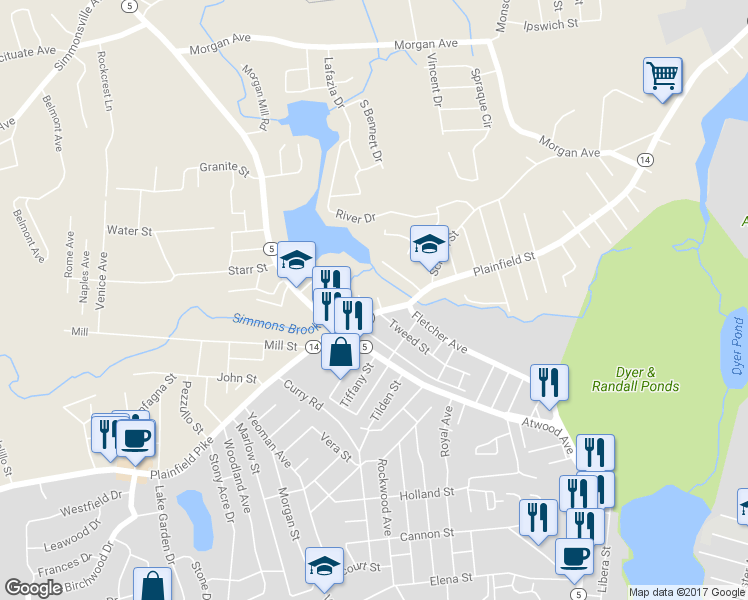 map of restaurants, bars, coffee shops, grocery stores, and more near 76 Bingley Terrace in Johnston