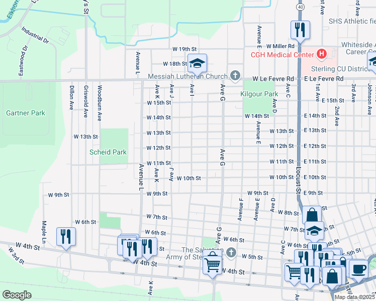 map of restaurants, bars, coffee shops, grocery stores, and more near 1206 Avenue J in Sterling