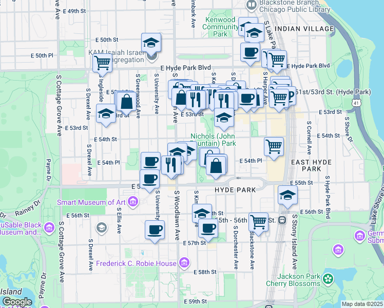 map of restaurants, bars, coffee shops, grocery stores, and more near 5428-32 South Kimbark Avenue in Chicago