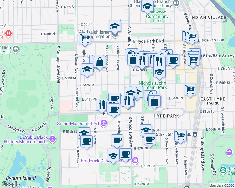 map of restaurants, bars, coffee shops, grocery stores, and more near 5430 South University Avenue in Chicago