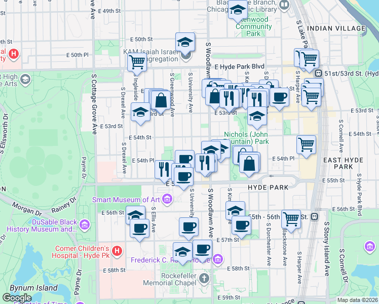 map of restaurants, bars, coffee shops, grocery stores, and more near 5430 South University Avenue in Chicago