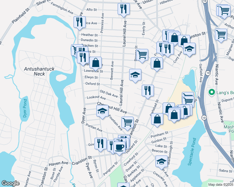 map of restaurants, bars, coffee shops, grocery stores, and more near 581 Laurel Hill Avenue in Cranston