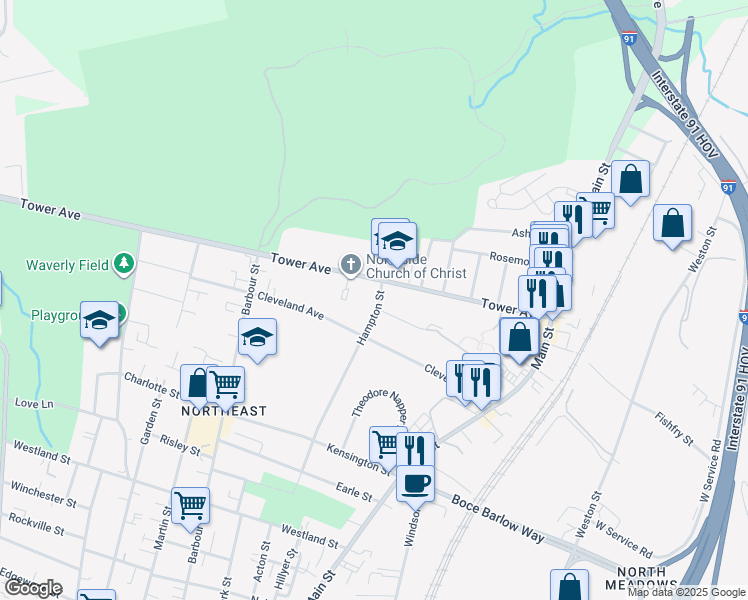 map of restaurants, bars, coffee shops, grocery stores, and more near 218 Hampton Street in Hartford