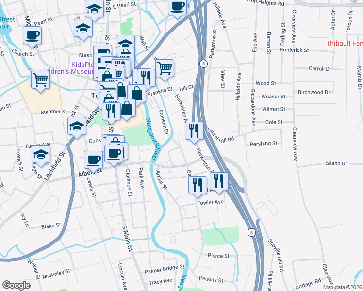 map of restaurants, bars, coffee shops, grocery stores, and more near 164 Harwinton Avenue in Torrington