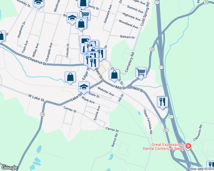 map of restaurants, bars, coffee shops, grocery stores, and more near 147 South Main Street in Liberty
