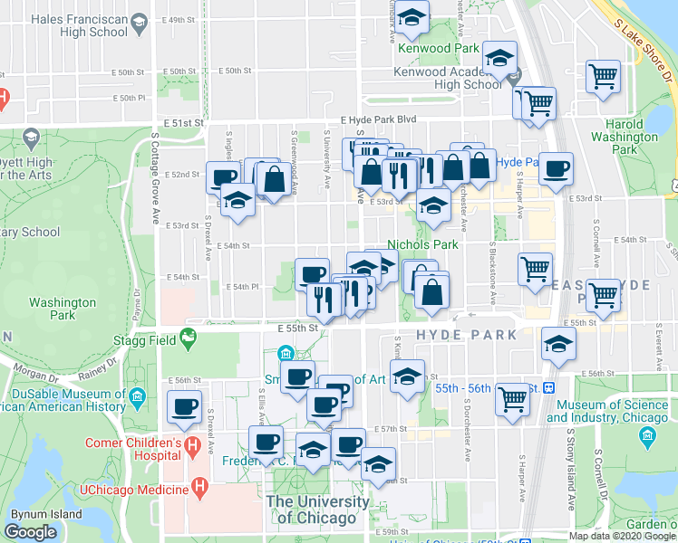 map of restaurants, bars, coffee shops, grocery stores, and more near 5412 South Woodlawn Avenue in Chicago