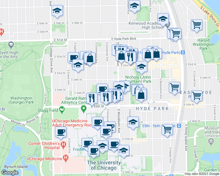 map of restaurants, bars, coffee shops, grocery stores, and more near 5410 South University Avenue in Chicago