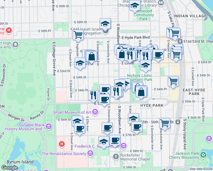 map of restaurants, bars, coffee shops, grocery stores, and more near 5410 South University Avenue in Chicago