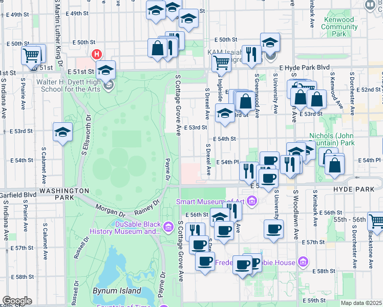 map of restaurants, bars, coffee shops, grocery stores, and more near 5341 South Cottage Grove Avenue in Chicago