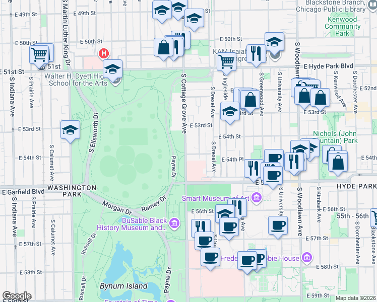 map of restaurants, bars, coffee shops, grocery stores, and more near 5341 South Cottage Grove Avenue in Chicago