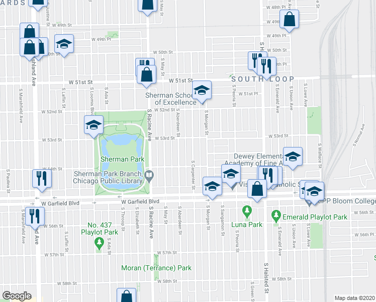 map of restaurants, bars, coffee shops, grocery stores, and more near 5311 South Carpenter Street in Chicago