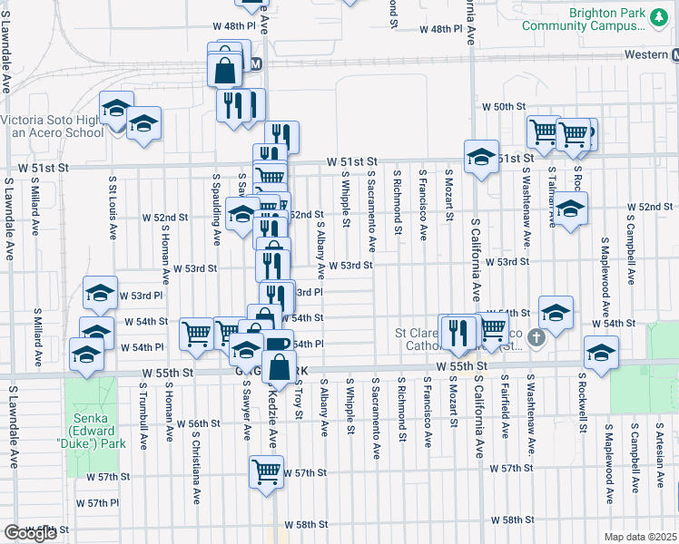 map of restaurants, bars, coffee shops, grocery stores, and more near 5254 South Whipple Street in Chicago