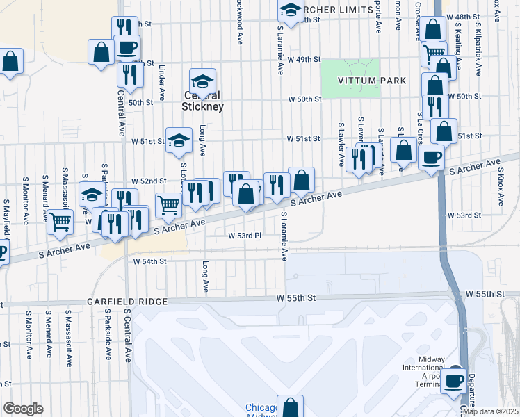 map of restaurants, bars, coffee shops, grocery stores, and more near 5225 South Lockwood Avenue in Chicago