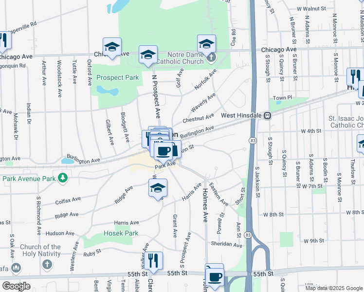 map of restaurants, bars, coffee shops, grocery stores, and more near 1 S Prospect Ave in Clarendon Hills