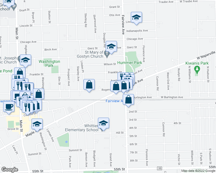 map of restaurants, bars, coffee shops, grocery stores, and more near 4919 Douglas Road in Downers Grove