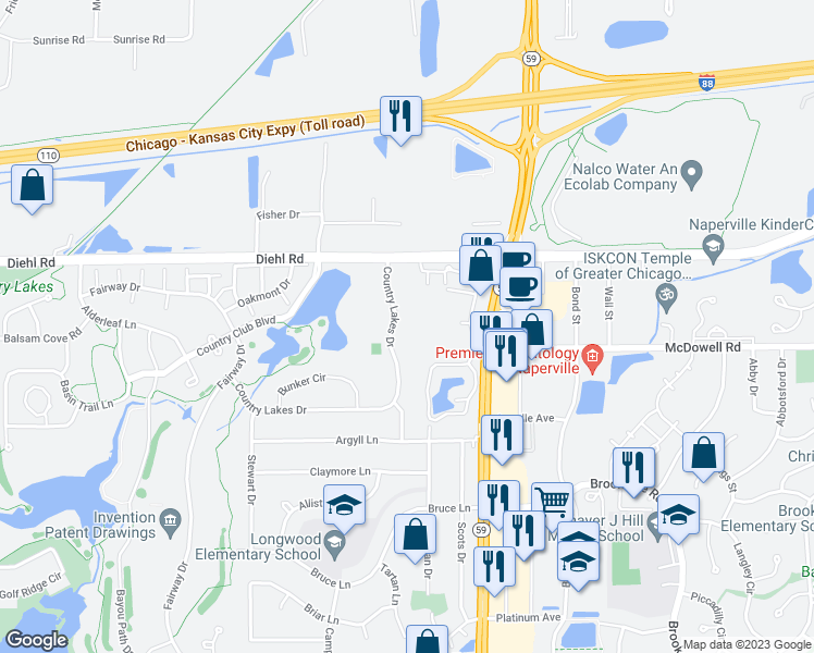 map of restaurants, bars, coffee shops, grocery stores, and more near 1624 Country Lakes Drive in Naperville