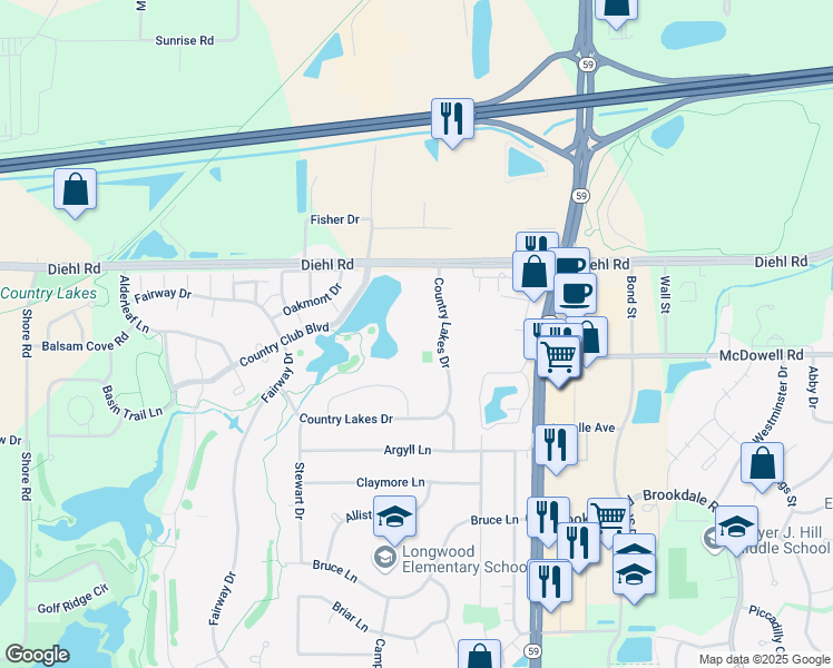 map of restaurants, bars, coffee shops, grocery stores, and more near 1615 Country Lakes Drive in Naperville
