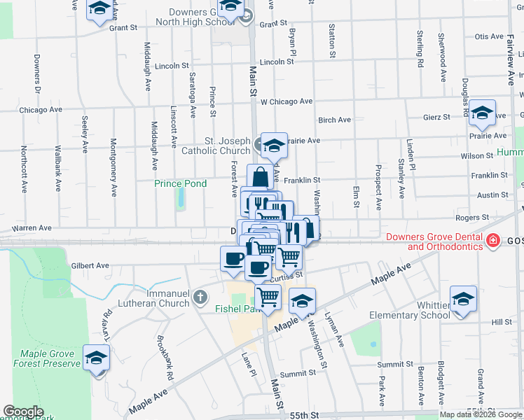 map of restaurants, bars, coffee shops, grocery stores, and more near 4920 Main Street in Downers Grove