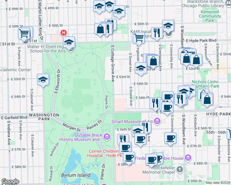 map of restaurants, bars, coffee shops, grocery stores, and more near 5355 South Cottage Grove Avenue in Chicago