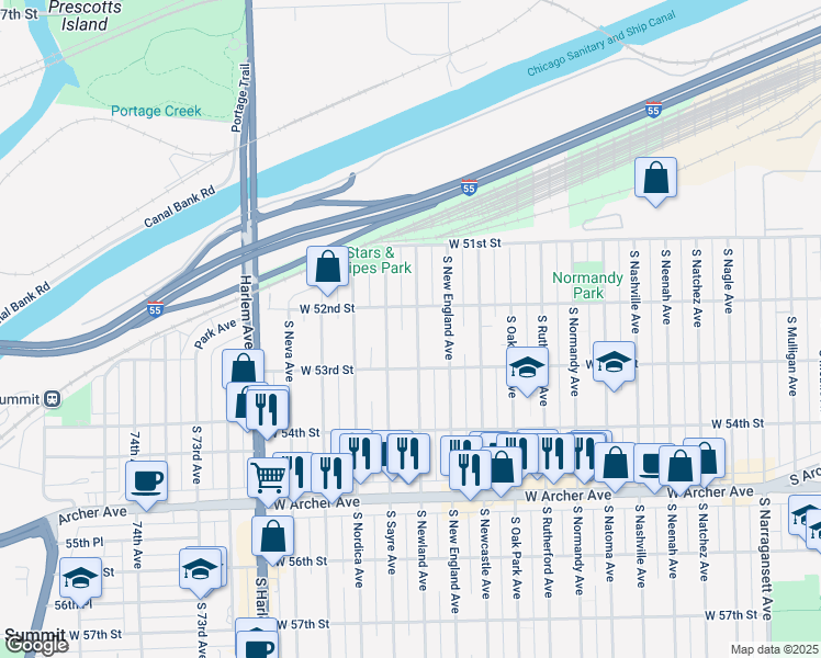 map of restaurants, bars, coffee shops, grocery stores, and more near 5218 South Newland Avenue in Chicago